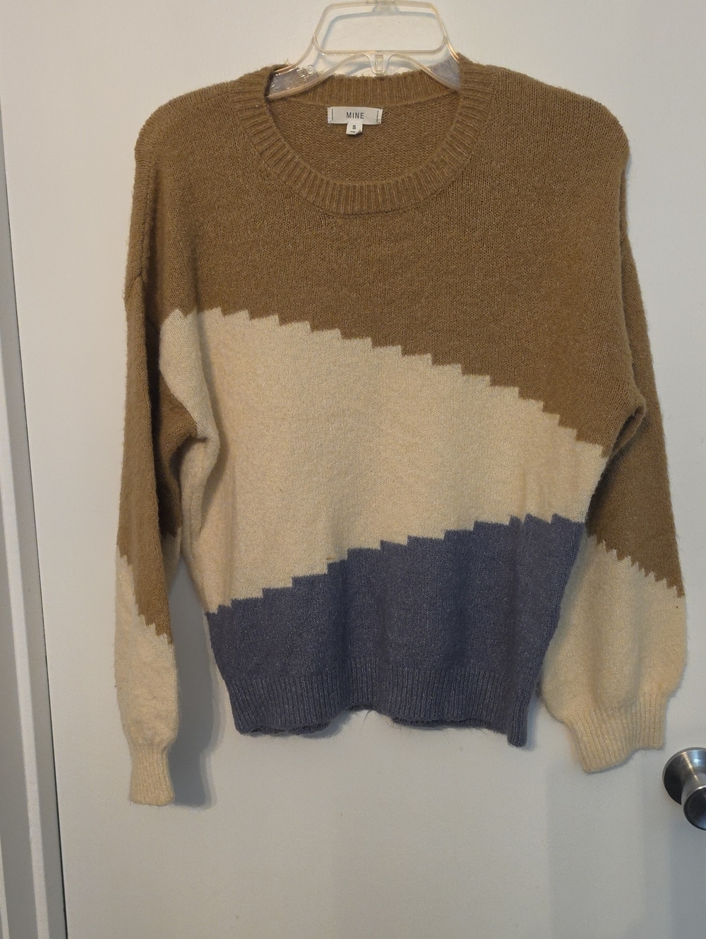 MINE Colorblock Crewneck Sweater in Tan, Cream & Blue-Gray